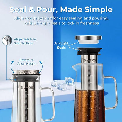 Cold Brew Coffee Maker, 1.4L/48Oz Cold Brew Pitcher | Ice Tea Maker with Airtight Glass Carafe, Filter, Non-Slip Base, Comfort Handle, Wide Spout (Grey)