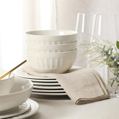 Gibson Home Melbourne White Plates and Bowls Set, 16 Piece Embossed Ceramic Dinnerware Set - Service for 4 Dishes - With Pasta Bowl