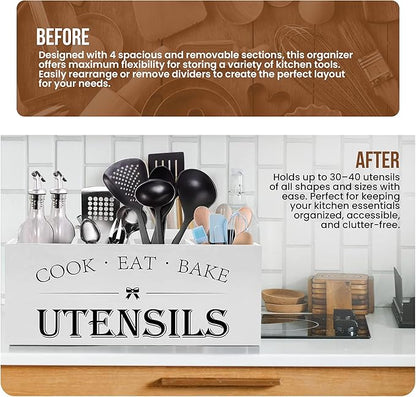 Extra Large Kitchen Utensil Holder with 4 Compartments, Wooden Countertop Organizer, Rustic Black Farmhouse Decor for Cooking Tools, Spoons, Spatulas, Knives & Forks - White Grain