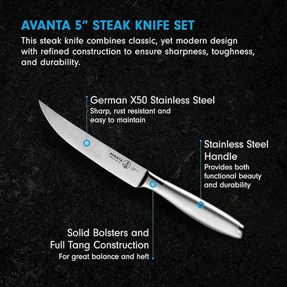 Messermeister Avanta 5” Fine Edge Steak Knife Set - German X50 Stainless Steel - Rust Resistant & Easy to Maintain - Includes 4 Steak Knives