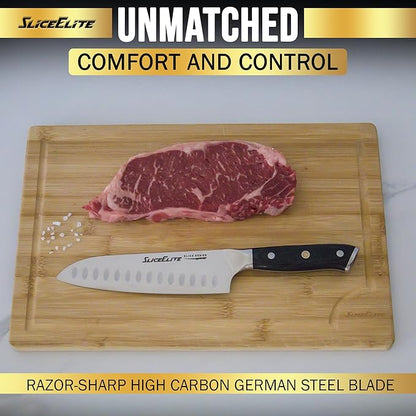 SliceElite Slice Series 7 Inch Santoku Knife High Carbon German Steel Blade Full Tang Pakkawood Handle Polymer Blade Guard Sharp Kitchen Knife for Meat Cutting Chopping BBQ Cooking Chef Vegetable