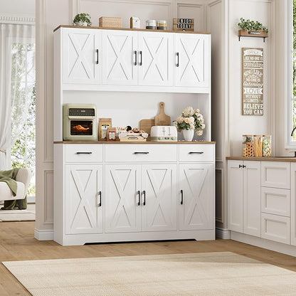 HOSTACK 71" Tall Kitchen Pantry Storage Cabinet with Charging Station, 55" Wide Kitchen Hutch Cabinet with Large Countertop, Farmhouse Food Pantry with Drawers for Living Room, White