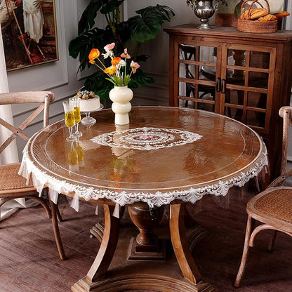 Waterproof Clear Table Cover Protector Vinyl Round Table Cloth with Lace Pattern Oil Spill Proof Wipe Clean Plastic Tablecloths for Dining Tables (French Lace, 55 Inches Round)