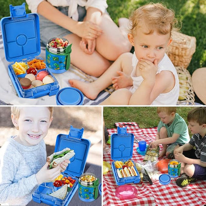 Bento Lunch Box Set for Kids with 10oz Soup Thermo, Leak-Proof Lunch Containers with 4 Compartment, Kids Thermo Hot Food Jar and Insulated Lunch Bag for Kid to School,BPA-Free(Dragon)