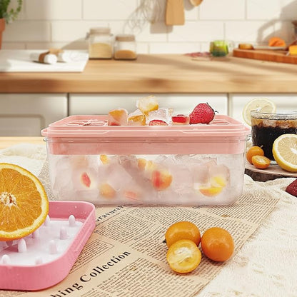 Satax Silicone & Plastic Ice Cube Trays with Lids and Bin - Durable, BPA-Free, Easy Release, Perfect for Cocktails, Coffee & More (1, pink)