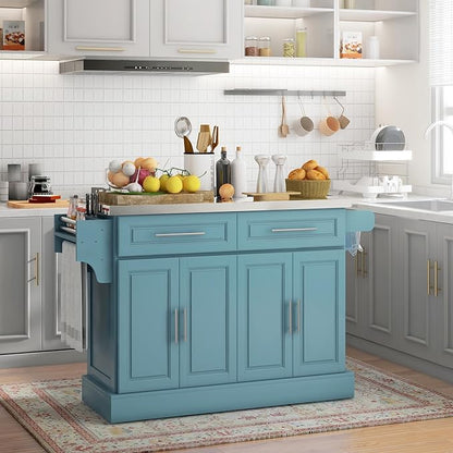 HOMCOM Rolling Kitchen Island Cart with Wheels, Portable Island Table for Kitchen with Stainless Steel Top, Adjustable Shelves, 2 Drawers, Spice, Knife and Towel Rack, Teal Blue