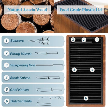 ENOKING XXL Acacia Wood Knife Holder – Large Universal Knife Block with Blade-Protecting Slots, Holds 26+ Knives, Scissors, and Sharpening Rods, Space-Saving Kitchen Storage Organizer