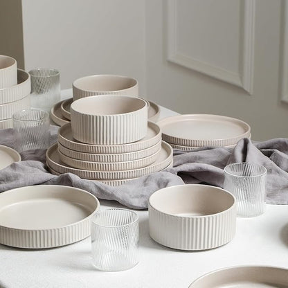 Stone Lain Haven Stoneware 32-Piece Dinnerware Set, Plates and Bowls Sets for 8, Dish Set, Includes Dinner and Salad Plates, Cereal Bowls, Glassware, Microwave & Dishwasher Safe, Beige