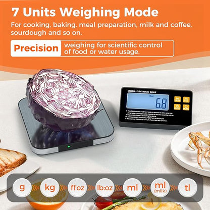 Food Kitchen Scale - TRUDIN Digital Food Weight Grams and Oz,USB Charging,Max.22lb/10kg,1g/0.05oz Accuracy,5 Units with Large Backlit LCD,Waterproof Easy-Clean (Light Silver)