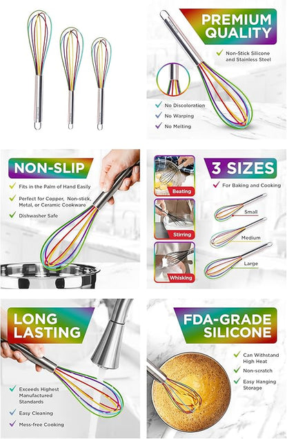 Silicone Whisk Set - Non-Scratch Set of 3 - Mini & Small Sizes - Stainless Steel Whisk - Cookware Wisking Tool