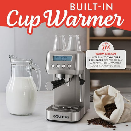 Gourmia Slim Espresso Machine – 20-Bar Pump, LCD Display, Milk Frother, Adjustable Temperature, Manual & Auto Brew for Single/Double Shots, 1350W, Stainless Steel