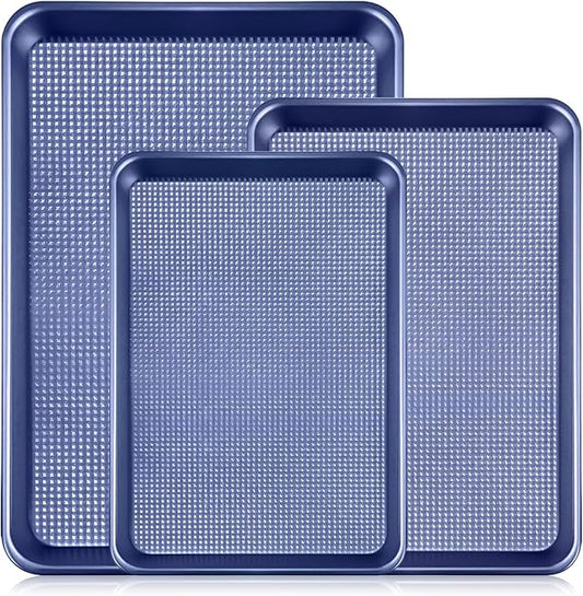 Vinino Baking Sheet Set of 3, Cookie Sheets For Baking with Square Texture Pattern, Thicker Carbon Steel Non-stick Baking Pan Half/Quarter/Jelly Roll Pans Tray for Oven-Blue