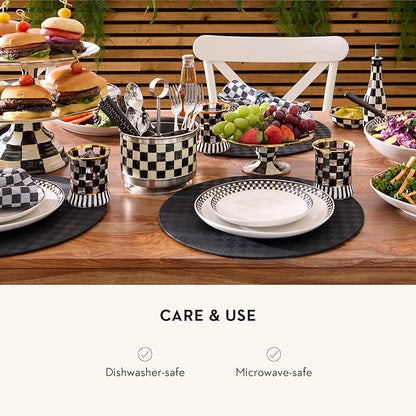 MACKENZIE-CHILDS Set of 4 Everyday Lunch Plates, Microwave-Safe and Dishwasher-Safe Stoneware Plates, Black-and-White Courtly Check