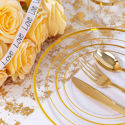 bUCLA 300Pcs Clear Gold Plastic Disposable Dinnerware Set - Clear Plates with Gold Trim Include 50 Dinner / 50 Dessert Plates,50 Cups,150 Plastic Silverware Set for Party, Fall & Thanksgiving