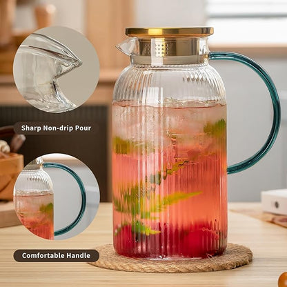 2 PACK Glass Pitcher with Lid,68 oz/ 2 Liter Vertical Stripes Water Pitcher With Green Handle,Glass Water Carafe for Cold Brew,Coffee, Lemonade, Iced Sun Tea,Beverage,Milk Heat Resistant