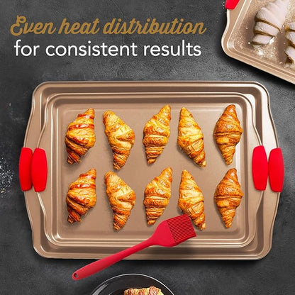 Baking Sheet Set, 3-Piece Cookie Sheet Set with Silicone Handles, Steel Baking Pans Set, Durable Baking Sheets for Oven, BPA Free Cookie Sheets for Baking Nonstick Set, Sheet Pan - Bronze Baking Pan