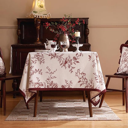 ISAENNE Designer Vintage Linen Table Cloth for Rectangle Table,Red Floral Pattern Linen Stain Resistant Tablecloth,Decor Tablecloths for Dining Thanksgiving Kitchen Party,55"*79"-Harmony
