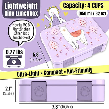 BEARFOOT Bento Box Compact, BPA-Free Children's Lunch Box for School and Nursery, Leak-Proof Lunch Box for Girls and Boys, Practical, Lightweight and Compact (Llama Purple, 4 Cups)