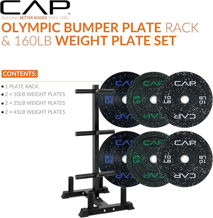 CAP Barbell 2-Inch Olympic Bumper Plate Weight Set with 6 Post Rack | 100-370 lbs | Multiple Options