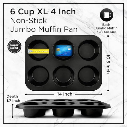Wrenbury Jumbo Muffin Pan 6 Cup Set of 2 - Nonstick XL Deep Muffin Pan for Baking 3.75" Cup - Big Cup Tin - Oversized Extra Large Cupcake Mold - PTFE Free