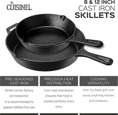 Cast Iron Skillet Set - 8" + 12"-Inch Frying Pan - Pre-Seasoned Oven Safe Cookware + 2 Heat-Resistant Handle Holder Grips - Indoor/Outdoor Use - Grill, Stovetop, BBQ, Camping Fire Pit, Induction Safe