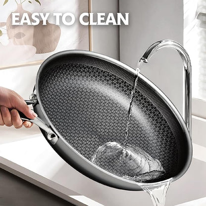 Frying Pan with Lid, 12 Inch Hybrid Non Stick Stainless Steel Skillets, Dishwasher Induction Oven Broiler Safe, Non Toxic Chef's Pan, PFOA Free Cookware
