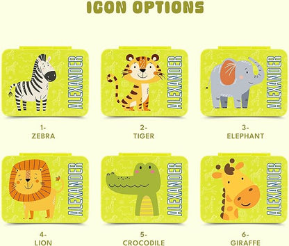 Personalized Bento Box for Kids with Safari Icon and Name - Yellow - 5 Compartments Drop-Proof Bento Box, Dishwasher Safe, Made with BPA-Free Materials, Bento Lunch Box for Kids and Toddlers