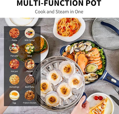 3-Quart Electric Hot Pot & wok Nonstick with Steamer | Electric Skillet 1200W for Dorm, Home, Gifts (Includes Silicone Spatula) Multi-Cooker