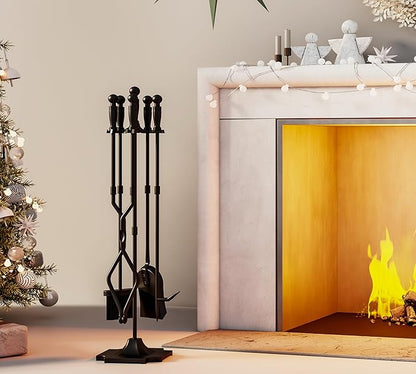 Fire Beauty Fireplace Tools, 5 Pieces Fireside Accessories Fire Kit Set,Woodstove Tools Holder Wrought Iron Handle Indoor Fireset Stand (32 Inches)