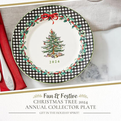 Spode Christmas Tree 2024 Annual Collector Plate - Exclusive Border with Red Ribbon & Black Check, Seasonal Display or Holiday Tableware Use, 8" Porcelain - Great Holiday Gift