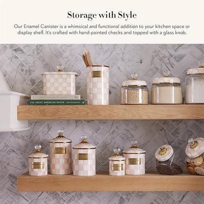 MACKENZIE-CHILDS Rosy Check Enamel Canister, Pink-and-White Kitchen Storage Container with Lid, Demi