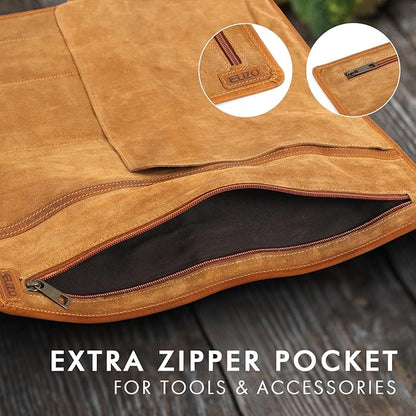 ELIZO Leather Knife Roll Bag Professional Chef Knife Case, Durable Knife Sheath Holder, Cooks & Culinary Tools Carrying Storage, Portable Knife Wrap - 4 Slots (Acron)