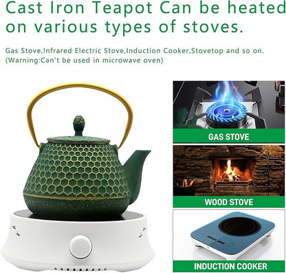 YJX Cast Iron Teapot and Cups Set, 33.8oz Hexagon Pattern Tea Pot Enameled Interior, Tea Kettle for Stovetop, Japanese Teapot Set with Teacups for Adults, Green Kettle with Infuser for Loose Leaf