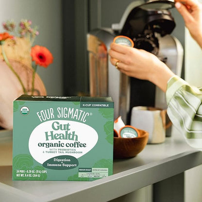 Four Sigmatic Gut Health Organic Coffee Pods | Medium Roast Probiotic K Cups with Chaga and Turkey Tail | Immune Boosting, Probiotic Mushroom Coffee K Cups for Gut Health and Immune Support | 24 Count