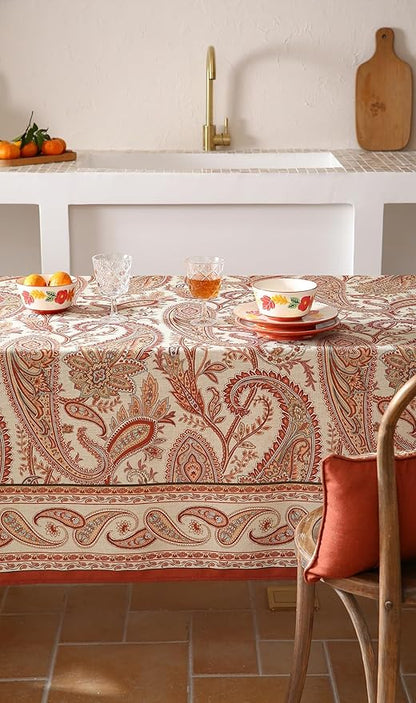 ISAENNE Designer French Red Extra Long Tablecloth Rectangle,Linen Table Cloth with Cashew Pattern,Stain Proof Decor Tablecloths for Dining Thanksgiving Kitchen Christmas,67"*118"-Chauffrey D