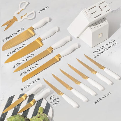 White and Gold Knife Set with Block - 14-Piece White Knife Set with Block and Built-In Sharpener – Titanium-Coated High Carbon Stainless Steel Blades - Gold Kitchen Accessories - Great for Gifting