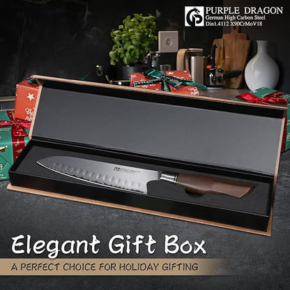 Purple Dragon Santoku Knife 7 Inch Japanese Chef Knife for Chopping Meat Cutting Vegetables, German Vg10 Steel Blade, Ergonomic Wooden Handle, Gift Box