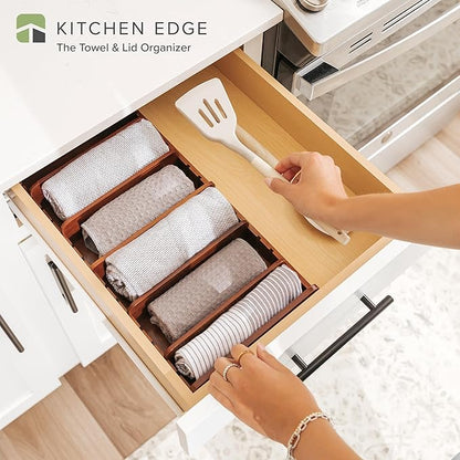 KitchenEdge Acacia Kitchen Towel and Storage Organizer, Perfect for Drawers, Cabinets, Pantry, 5 Adjustable Wall Inserts, Non-Slip Feet, Organize Containers, Food-Safe Finish