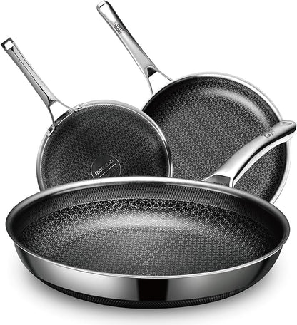 Hybrid Pans Set Nonstick 3 Piece, 8&10&12 Inch Nonstick Frying Pans Set, Dishwasher Induction Oven Broiler Safe Stainless Steel Skillet, PFOA Free Kitchen set