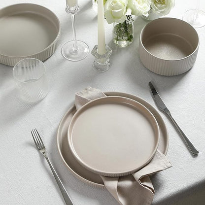 Stone Lain Haven Stoneware 32-Piece Dinnerware Set, Plates and Bowls Sets for 8, Dish Set, Includes Dinner and Salad Plates, Cereal Bowls, Glassware, Microwave & Dishwasher Safe, Beige