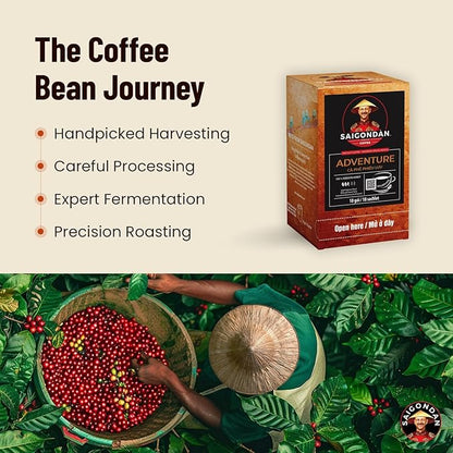 Pour Over Vietnamese Coffee – Saigondan Adventure | Espresso Robusta | 100% Robusta | Instant Specialty Coffee | Small Batch Roasted | Direct Trade | Naturally Sweet | 18 Sachets