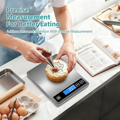 Food Scale, Digital Kitchen Scale 22lb/10kg Steel and Tempered Glass with 1g/0.1oz Precision, Tare & 10 Units, LCD Display for Baking, Cooking, Meal Prep, Coffee, Postage Silver