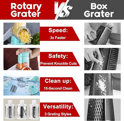 Cheese Grater Hand Crank, Rotary Vegetable Shredder with Handle and Strong Suction base, 3 in 1 Kitchen Speed Spin Veggie Slicer Nut Grinder for Pizza Top, Hash brown, Salad and More (Blue)