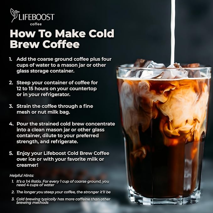 Lifeboost Dark Cold Brew Coffee - Single Origin Non-GMO USDA Organic Low Acid Coarse Ground Coffee for Cold Brew - 3rd Party Tested For Mycotoxins & Pesticides - 12 Ounces