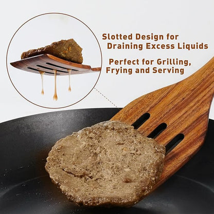 FJNATINH 2 Pcs Wooden Spatula Set for Cooking, Natural Teak Spatula and Slotted Turner for Non-stick Cookware, Kitchen Cooking Utensils for Frying Flipping Pancake Spatula