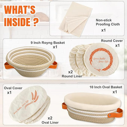 HASHMUST Banneton Bread Proofing Basket Set, 9 Inch Round & 10 Inch Oval Cotton Rope Proofing Bowls with Liners Covers & 14x19 Inch Thick Baguettes Cloth, Sourdough Dough Loaves Baking Supplies Gifts
