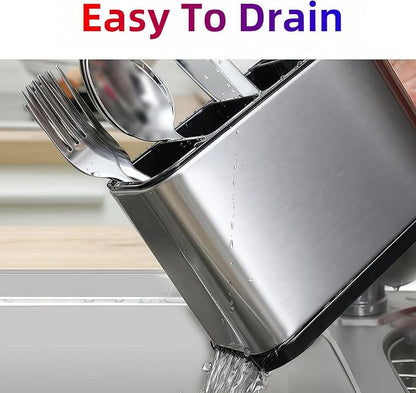 Silverware Organizer Kitchen Utensil Holder For Counter Stainless Steel Caddy 4 Compartments Organizer Capacity Flatware Spoon Fork Tool Cutlery Holder