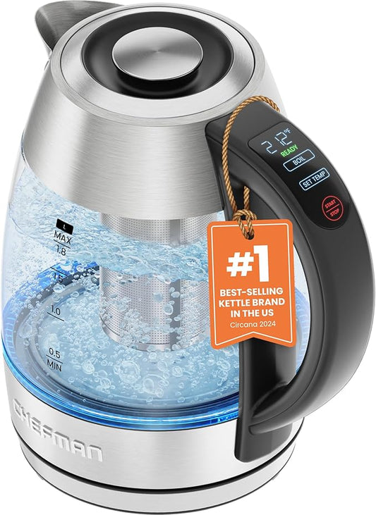 CHEFMAN Lightning High-Powered Electric Kettle, 1.8L 1750W, Rapid Boil 2 Cups in 2 Minutes, BPA Free Cordless Tea Kettle with Digital Temperature Control and 1-Hour Keep Hot – Stainless Steel