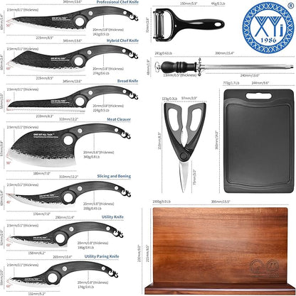 XYJ Authentic Since 1986,Kitchen Knife Block Set,High Carbon Steel Blades,Knives Set with Wooden Magnetic Knife Block,Sharpening Steel,Cutting Board,Cleaver Slicing Knife,Wood Handle