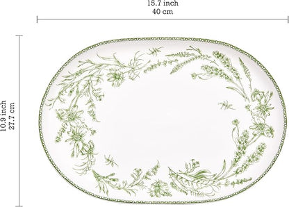 Bico Green Garden Toile De Jouy 16 plus 12 inch Oval Platters Set, Set of 2, Microwave and Dishwasher Safe, for Serving Fish, Chicken, Turkey